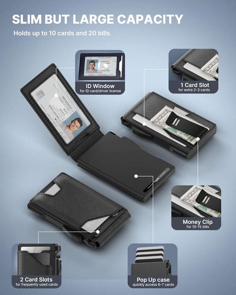 typecase Tactical Wallet for Men Card Holder: Pop Up Card Case, Genuine Leather, Smart, RFID Blocking, Slim, Minimalist, Thin, Front Pocket - 9-13 Card Capacitiy, ID Window, Money Clip (Dark Black) - Image 2